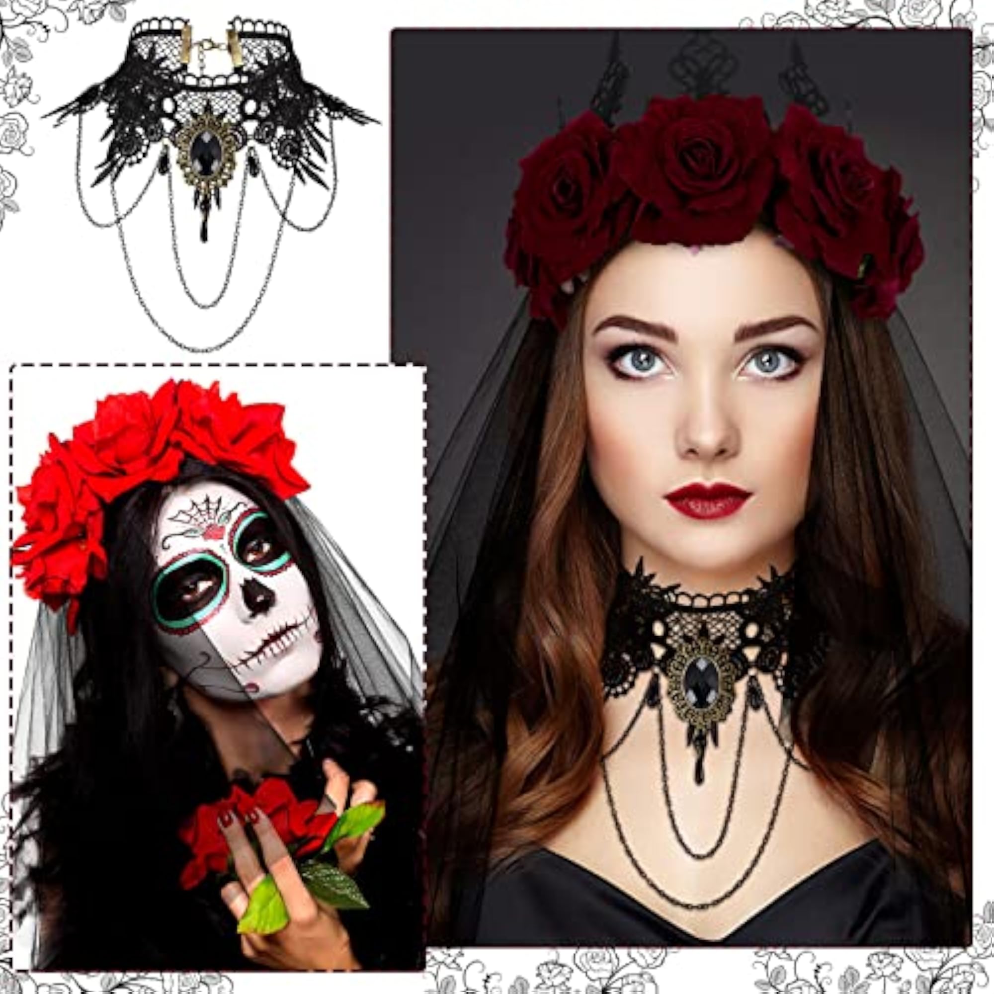 5pc Halloween Vintage Rose Crown Gothic Floral Headband & Choker Set